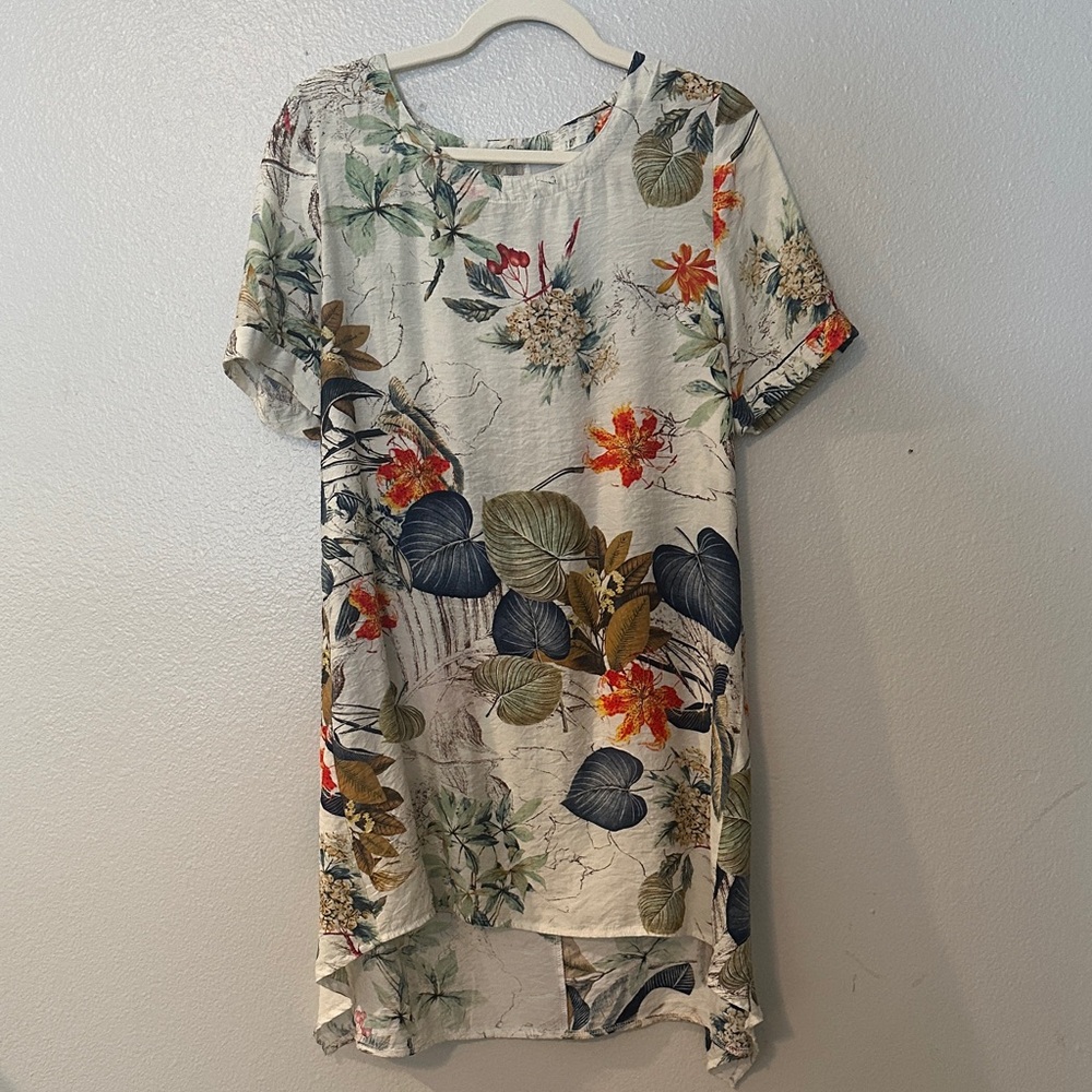 Floral Short-Sleeve Tunic Dress - Cream with Multicolor Floral Print